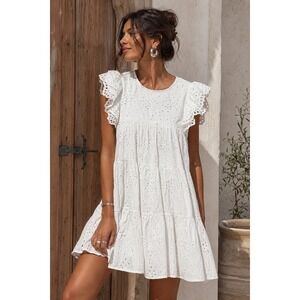 VICI Dolls Womens Small White Eyelet Babydoll Mini Dress Ruffle‎ Sleeve NWOT